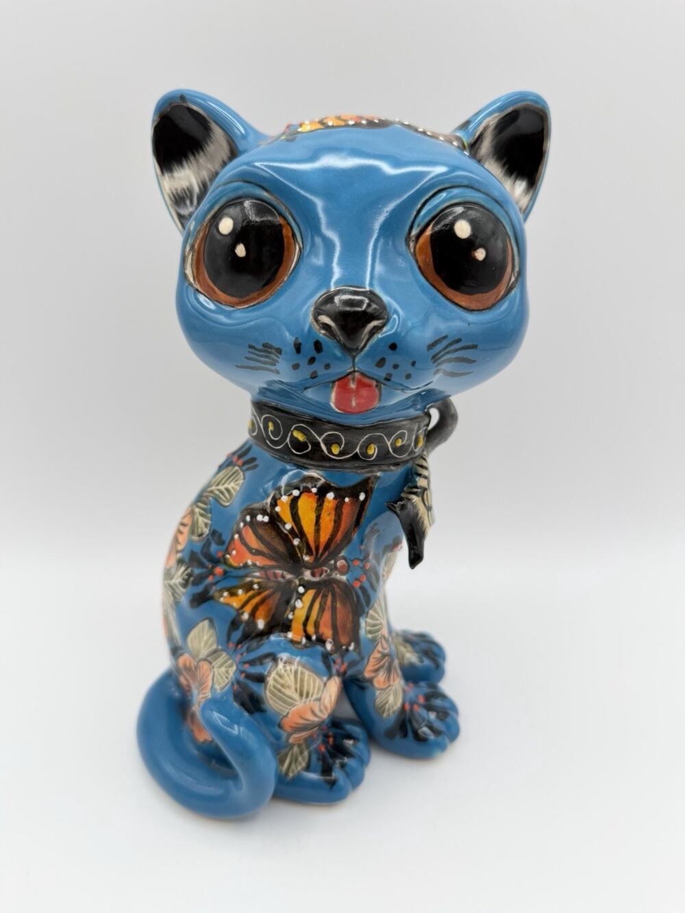 Hixi Arte Mexicano Talavera Inspired Blue Cat 9” Flowers & Butterflies Mexico